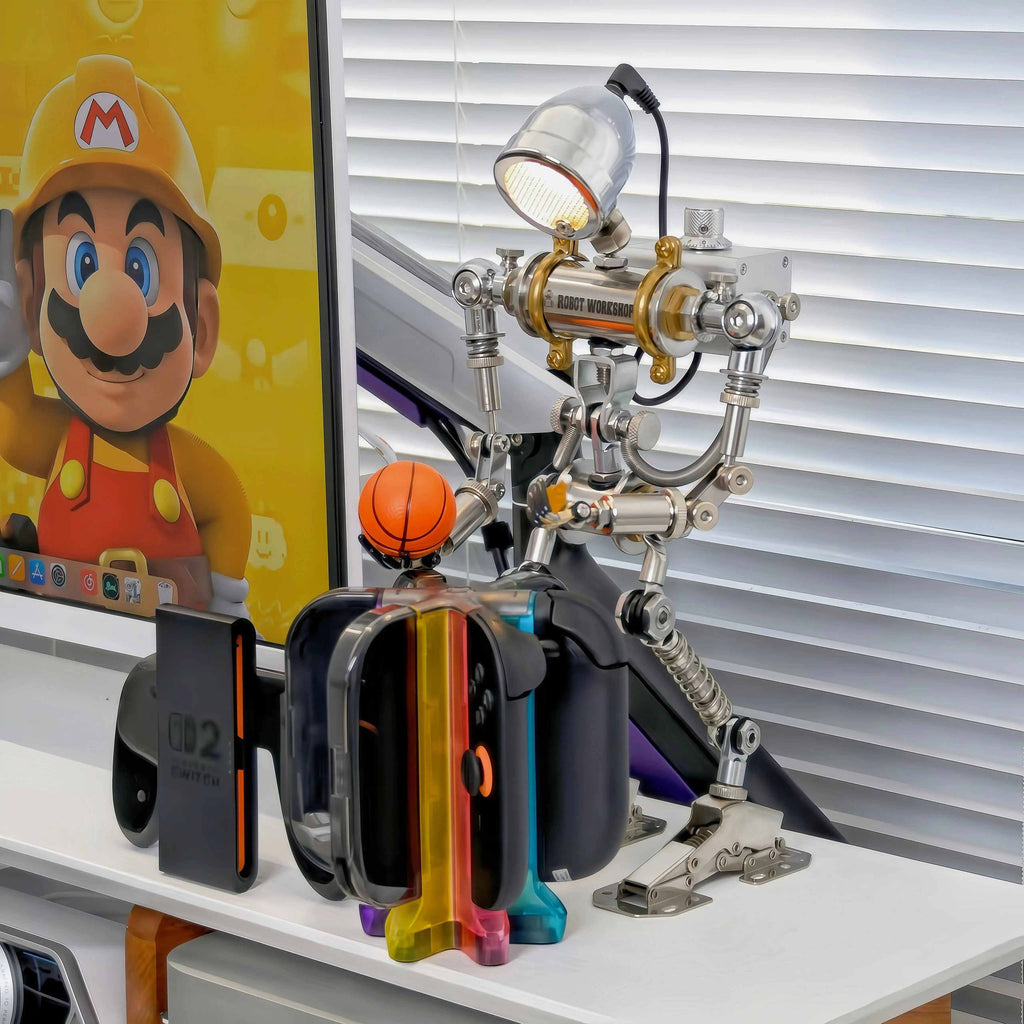 Industrial Metal Robot Table Lamp, Adjustable Brightness Night Light, Unique Home Office Ornament Present