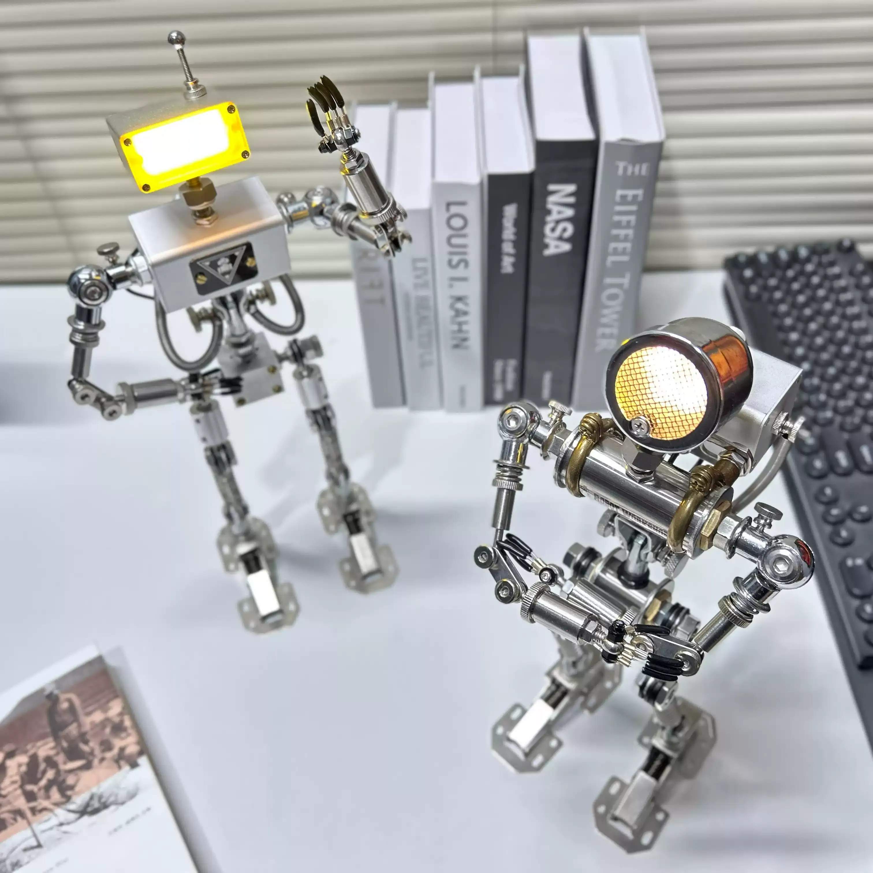 Industrial Metal Robot Table Lamp, Adjustable Brightness Night Light, Unique Home Office Ornament Present