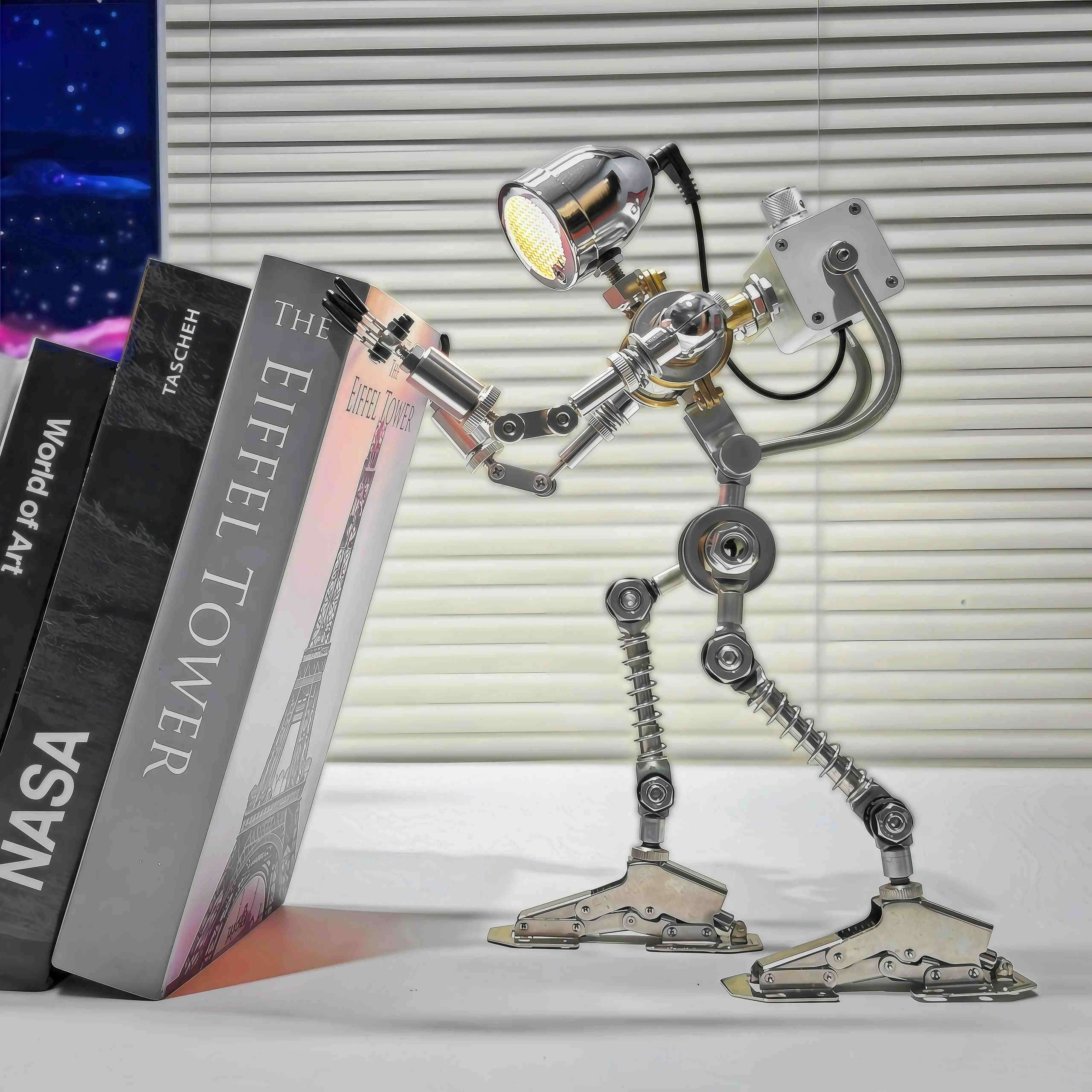 Industrial Metal Robot Table Lamp, Adjustable Brightness Night Light, Unique Home Office Ornament Present
