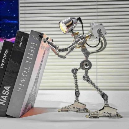 Industrial Metal Robot Table Lamp, Adjustable Brightness Night Light, Unique Home Office Ornament Present
