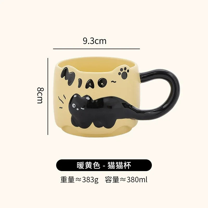 Embossed Cat Ceramic Mug, Cute Aesthetic Couple Water Cup, Office Coffee Mug for Women