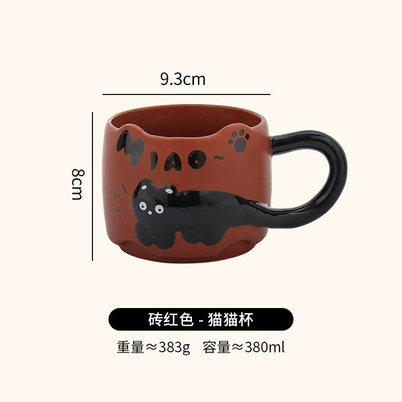 Embossed Cat Ceramic Mug, Cute Aesthetic Couple Water Cup, Office Coffee Mug for Women