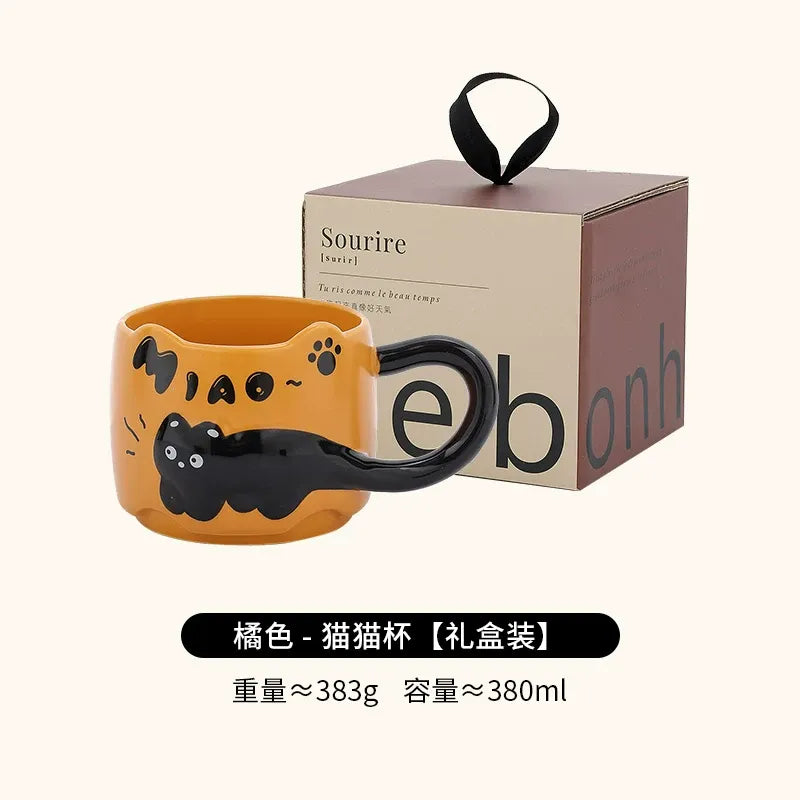 Embossed Cat Ceramic Mug, Cute Aesthetic Couple Water Cup, Office Coffee Mug for Women