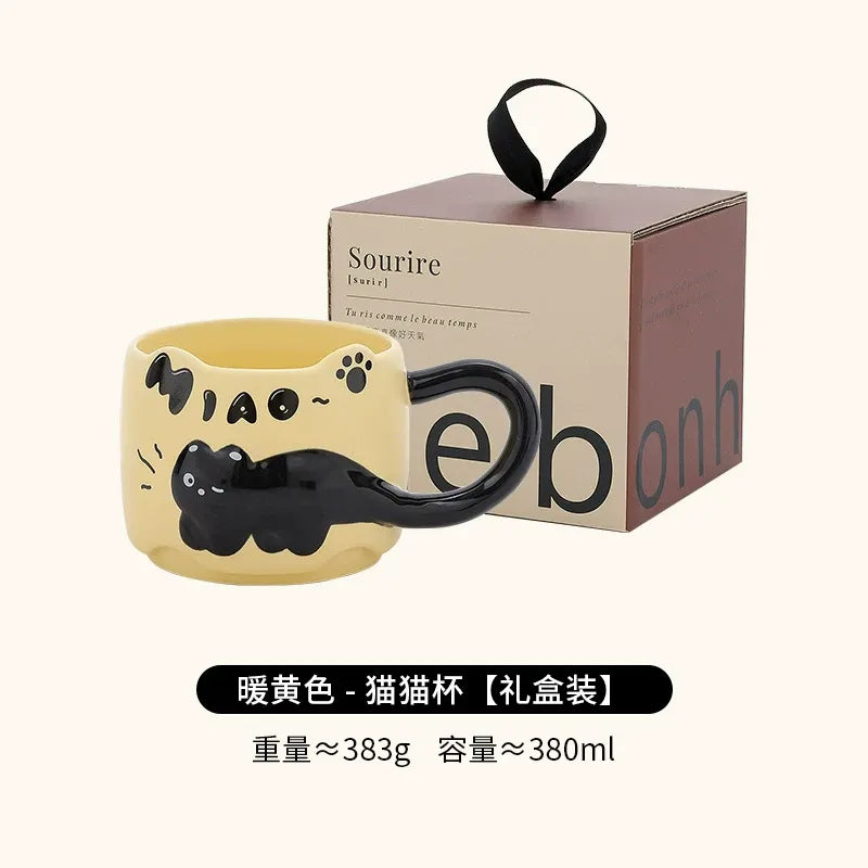Embossed Cat Ceramic Mug, Cute Aesthetic Couple Water Cup, Office Coffee Mug for Women