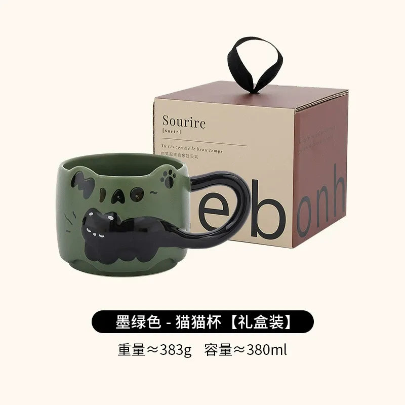 Embossed Cat Ceramic Mug, Cute Aesthetic Couple Water Cup, Office Coffee Mug for Women