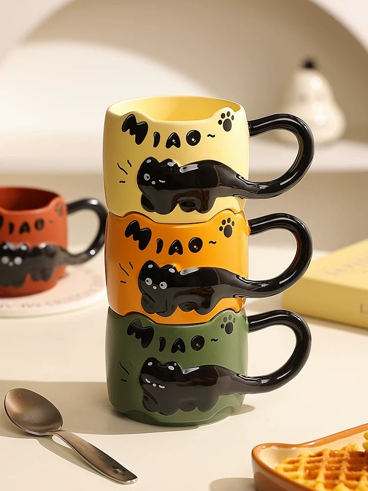 Embossed Cat Ceramic Mug, Cute Aesthetic Couple Water Cup, Office Coffee Mug for Women
