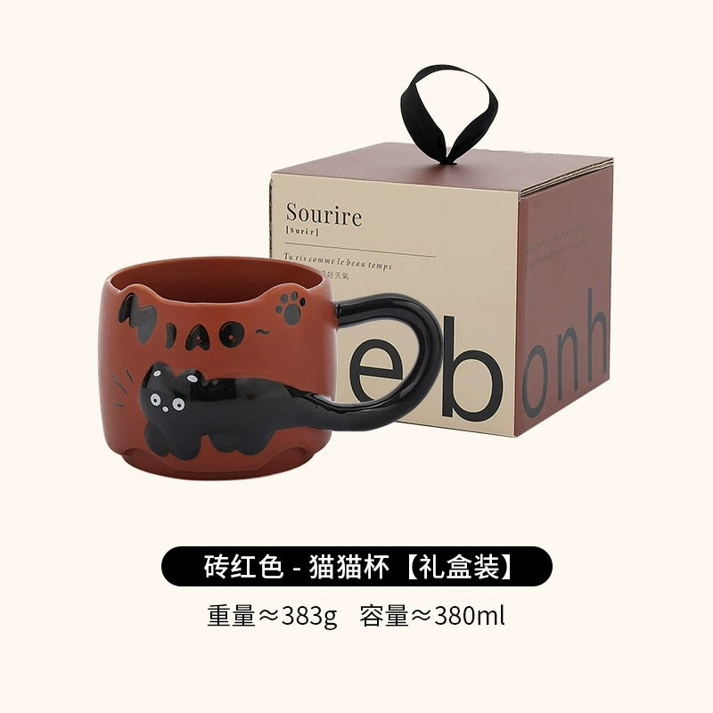 Embossed Cat Ceramic Mug, Cute Aesthetic Couple Water Cup, Office Coffee Mug for Women