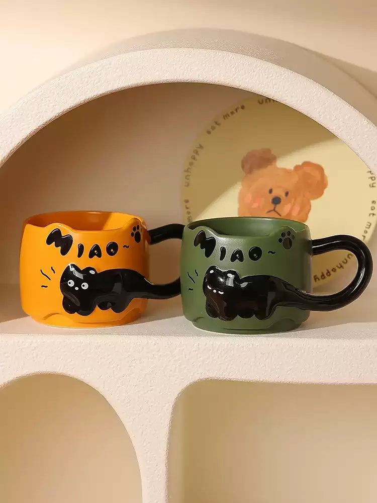 Embossed Cat Ceramic Mug, Cute Aesthetic Couple Water Cup, Office Coffee Mug for Women