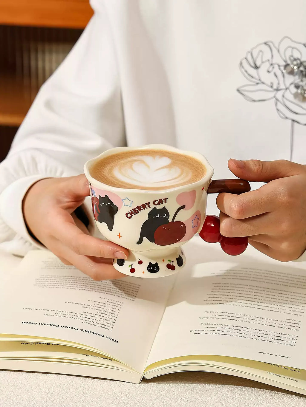 Cute Cherry Cat Ceramic Goblet Mug, High-value Coffee Cup for Home Office