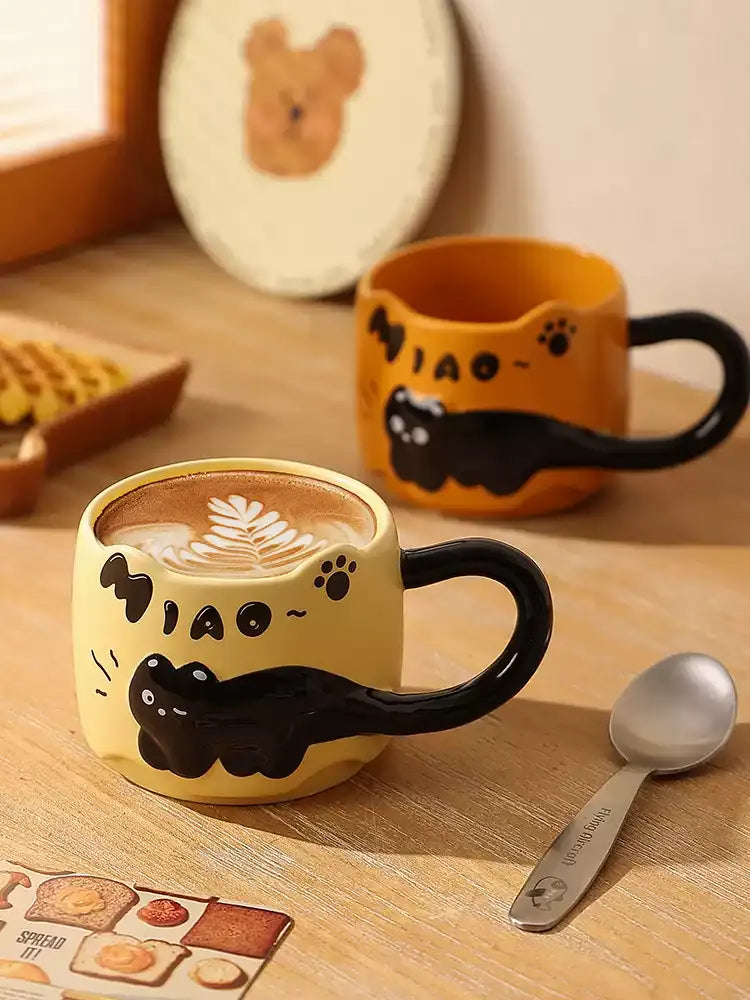 Embossed Cat Ceramic Mug, Cute Aesthetic Couple Water Cup, Office Coffee Mug for Women