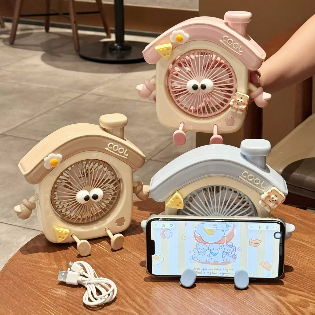 Cute Mini House-shaped USB Desk Fan, Portable Handheld Personal Fan for Students
