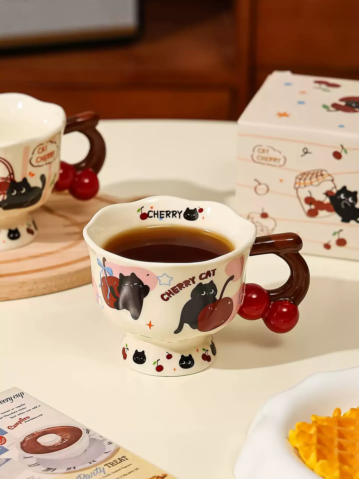 Cute Cherry Cat Ceramic Goblet Mug, High-value Coffee Cup for Home Office